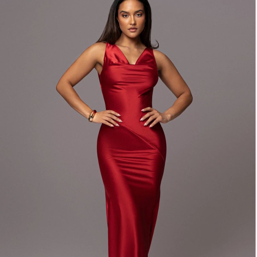 RED GOOD AS EVER COWL NECK DRESS